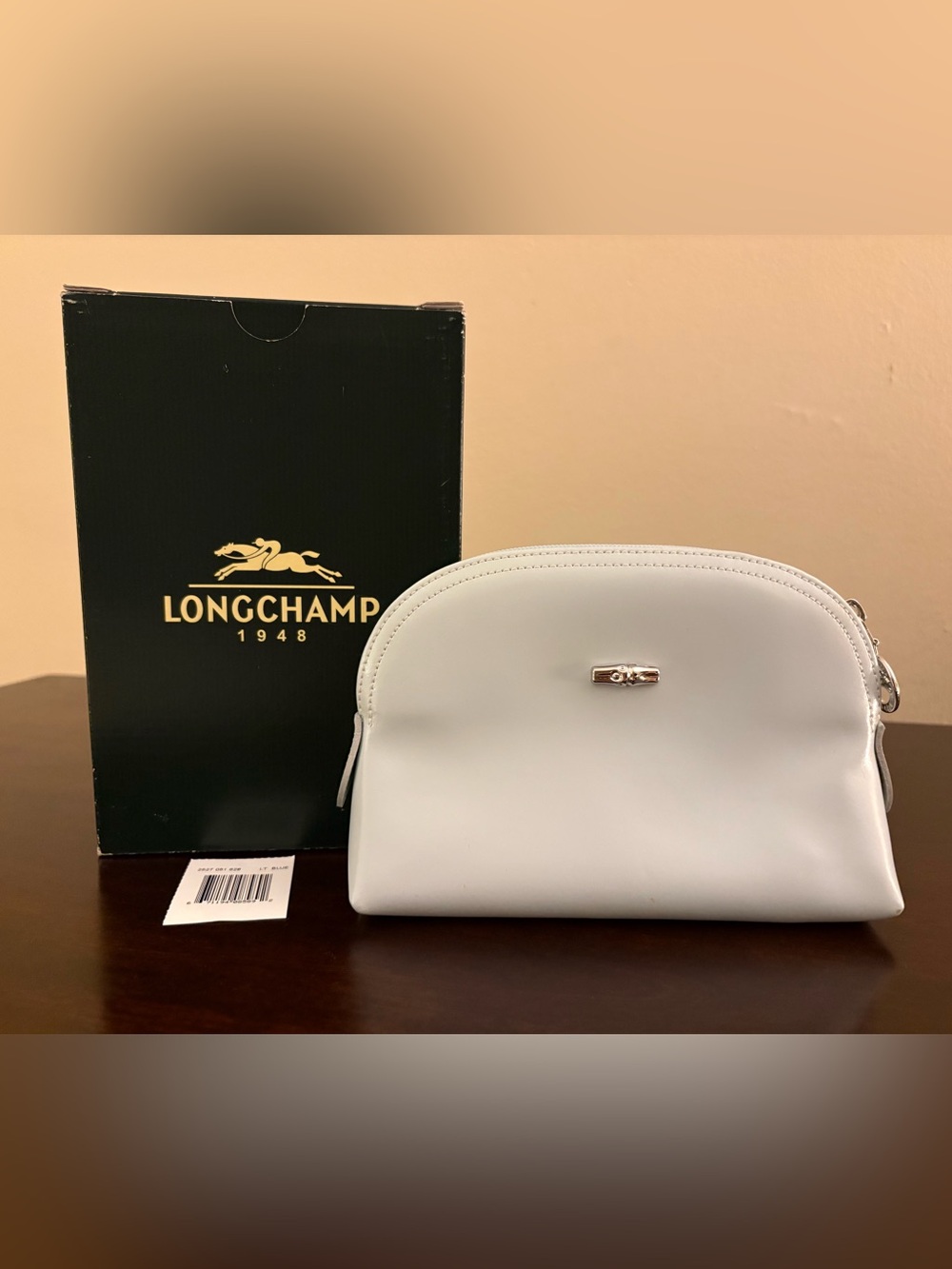Longchamp Le Pliage Light Blue Leather Cosmetic Pouch, Silver Logo Zipper.